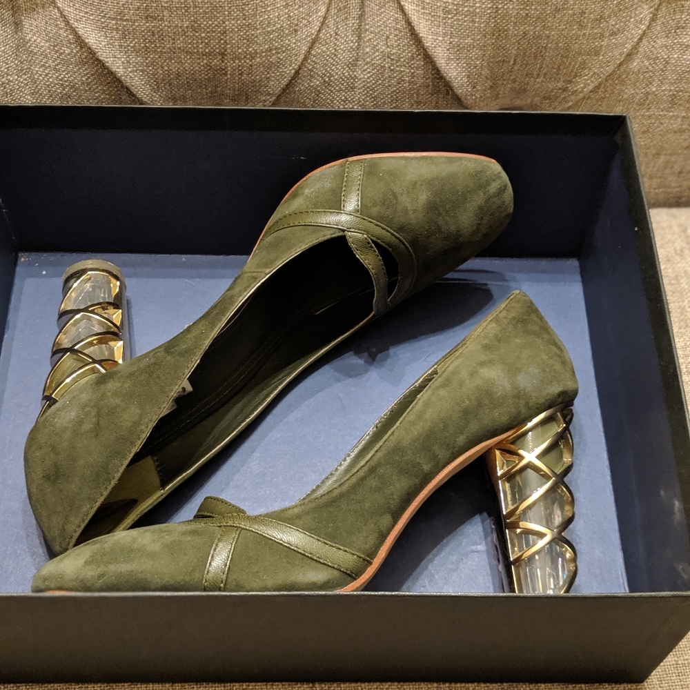 Green suede heels with lucite/gold heel